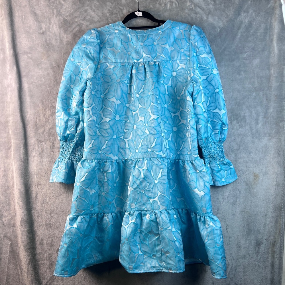 Pomander Place Dress Blue Floral Jacquard Tiered Babydoll Mini Y23363T Large - Picture 9 of 9